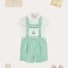 BOY Pepa London Cheyne Striped Boat Embroidery Dungarees in Green (18mths-4yrs) | Peter Pan Collar Trim Detail Short Sleeve Shirt in White (12mths-5yrs) | Plain Cardigan in Cream (6mths-10yrs) | T-Bar Suede Baby Shoes in Beige (20-24EU) | Ribbed Short Socks in Beige (0mths-10yrs)