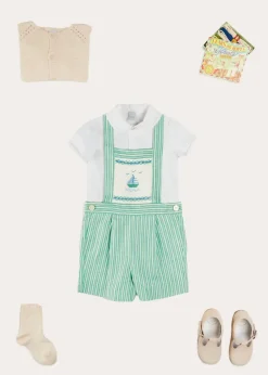 BOY Pepa London Cheyne Striped Boat Embroidery Dungarees in Green (18mths-4yrs) | Peter Pan Collar Trim Detail Short Sleeve Shirt in White (12mths-5yrs) | Plain Cardigan in Cream (6mths-10yrs) | T-Bar Suede Baby Shoes in Beige (20-24EU) | Ribbed Short Socks in Beige (0mths-10yrs)