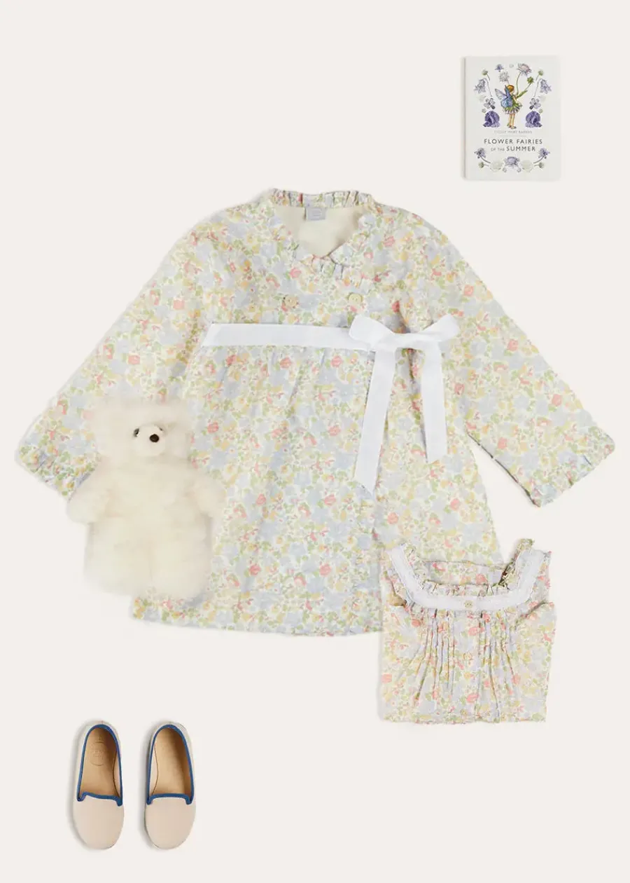 Pepa London Clara Floral Frill Trim Night Dress in Green (18mths-10yrs) | Clara Floral Bow Detail Dressing Gown in Green (18mths-10yrs) | Linen Slippers With Contrast Piping in Cream (24-35EU) | Flower Fairies of the Summer Book in White | White Teddy Bear (100% Alpaca Fur)