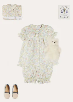 Pepa London Clara Floral Ruffle Collar Short Sleeve Pyjamas in Green (18mths-10yrs) | Clara Floral Bow Detail Dressing Gown in Green (18mths-10yrs) | Linen Slippers With Contrast Piping in Cream (24-35EU) | White Teddy Bear (100% Alpaca Fur) | Flower Fairies of the Summer Book in White