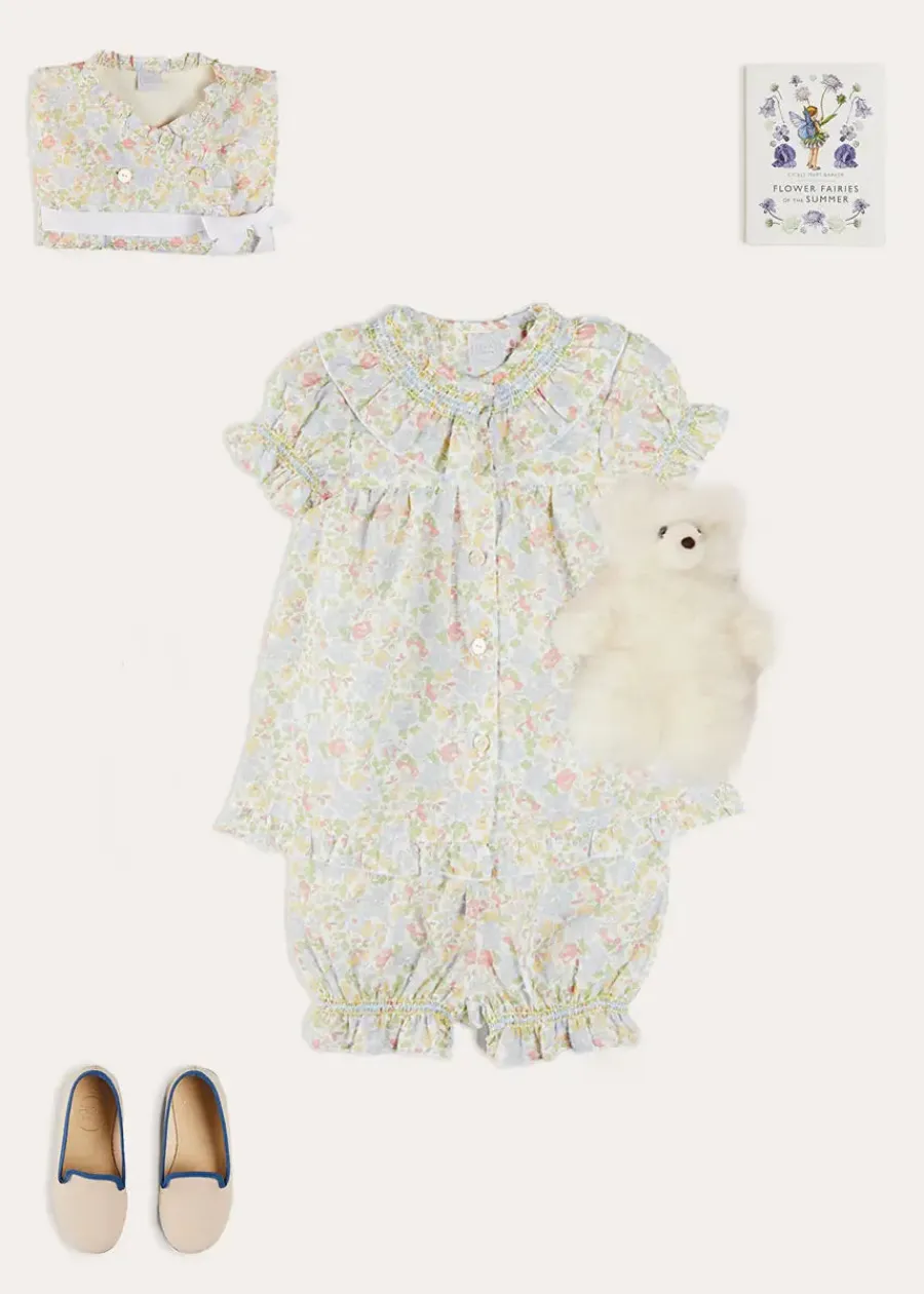 Pepa London Clara Floral Ruffle Collar Short Sleeve Pyjamas in Green (18mths-10yrs) | Clara Floral Bow Detail Dressing Gown in Green (18mths-10yrs) | Linen Slippers With Contrast Piping in Cream (24-35EU) | White Teddy Bear (100% Alpaca Fur) | Flower Fairies of the Summer Book in White