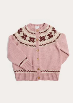 Pepa London Classic Fair Isle Cardigan With Rib Details in Pink (12mths-10yrs)