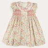 Pepa London Clementine Floral Hand Smocked Double Breasted Short Sleeve Dress in Coral (12mths-10yrs)
