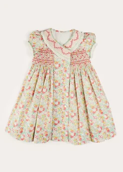 Pepa London Clementine Floral Hand Smocked Double Breasted Short Sleeve Dress in Coral (12mths-10yrs)
