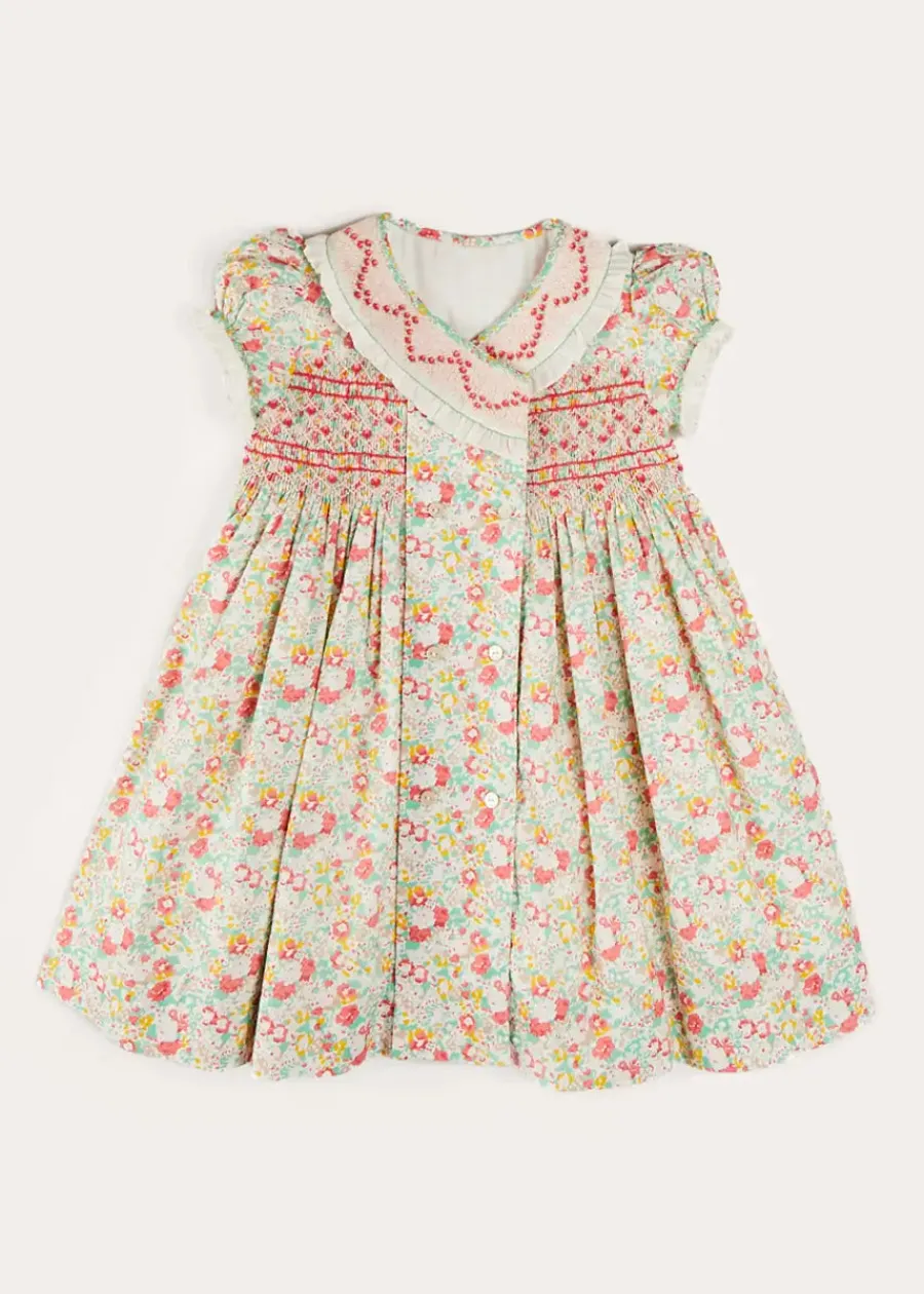 Pepa London Clementine Floral Hand Smocked Double Breasted Short Sleeve Dress in Coral (12mths-10yrs)