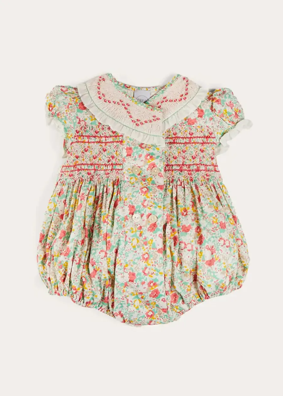 Pepa London Clementine Floral Hand Smocked Double Breasted Short Sleeve Romper in Coral (6mths-3yrs)