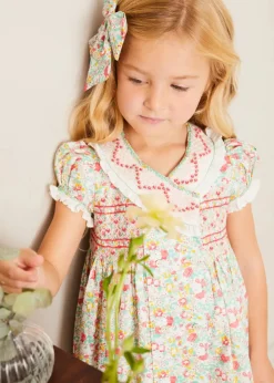 Pepa London Clementine Floral Hand Smocked Double Breasted Short Sleeve Dress in Coral (12mths-10yrs)