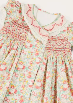 Pepa London Clementine Floral Hand Smocked Double Breasted Short Sleeve Dress in Coral (12mths-10yrs)