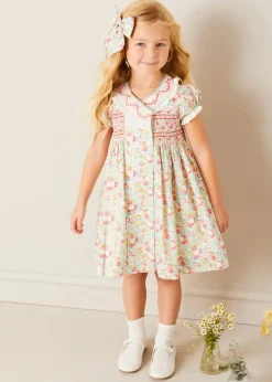 Pepa London Clementine Floral Hand Smocked Double Breasted Short Sleeve Dress in Coral (12mths-10yrs)