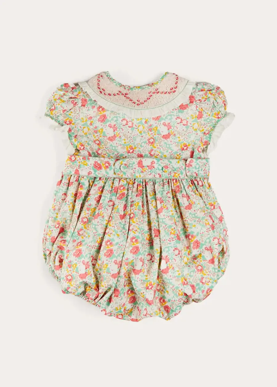Pepa London Clementine Floral Hand Smocked Double Breasted Short Sleeve Romper in Coral (6mths-3yrs)