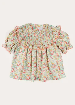 Pepa London Clementine Floral Smock Detail Short Sleeve Blouse in Coral (2-12yrs)