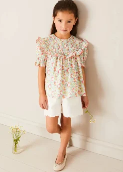Pepa London Clementine Floral Smock Detail Short Sleeve Blouse in Coral (2-12yrs)