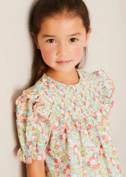 Pepa London Clementine Floral Smock Detail Short Sleeve Blouse in Coral (2-12yrs)