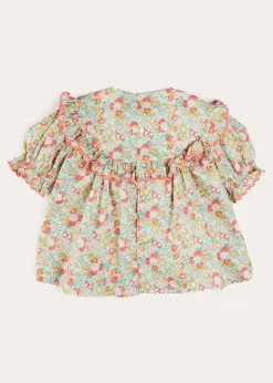 Pepa London Clementine Floral Smock Detail Short Sleeve Blouse in Coral (2-12yrs)