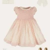 Pepa London Constance Floral Hand Smocked Short Sleeve Party Dress in Pink (12mths-10yrs) | Openwork Cotton Cardigan in Cream (6mths-10yrs) | Leather Charlotte Shoes in Gold (24-35EU) | Tulle Long Bow Clip In Cream | Celebration Short Socks with Ruffle- Cream (0mths-10yrs)