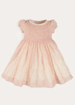 Pepa London Constance Floral Hand Smocked Short Sleeve Party Dress in Pink (12mths-10yrs)