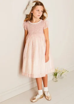 Pepa London Constance Floral Hand Smocked Short Sleeve Party Dress in Pink (12mths-10yrs)