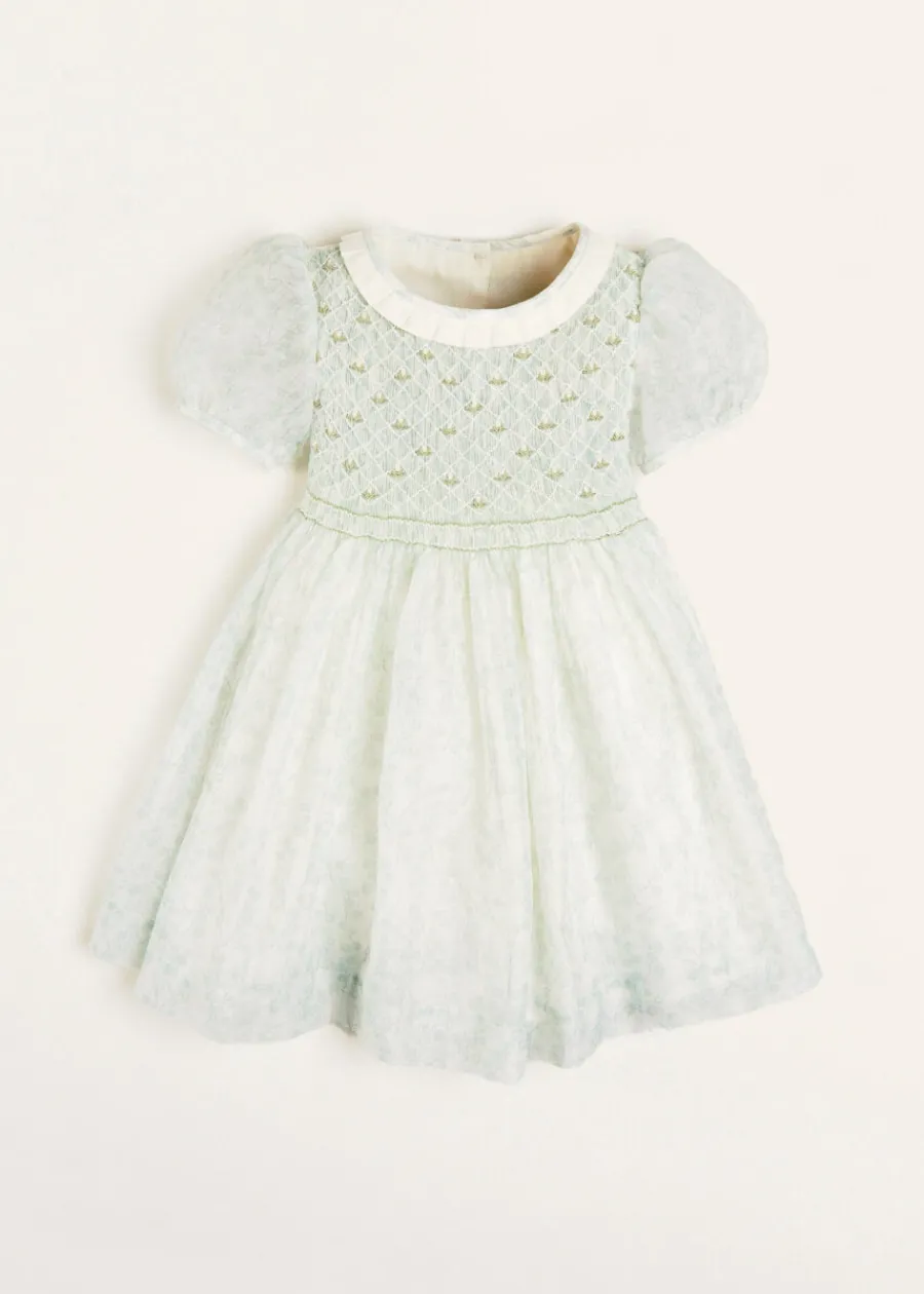 Pepa London Constance Floral Print Hand Smocked Short Sleeve Party Dress in Light Green (12m-10yrs)