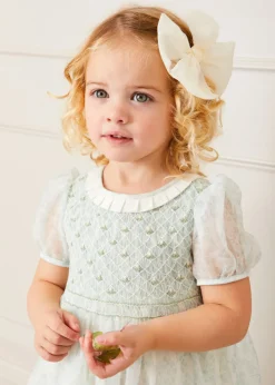 Pepa London Constance Floral Print Hand Smocked Short Sleeve Party Dress in Light Green (12m-10yrs)