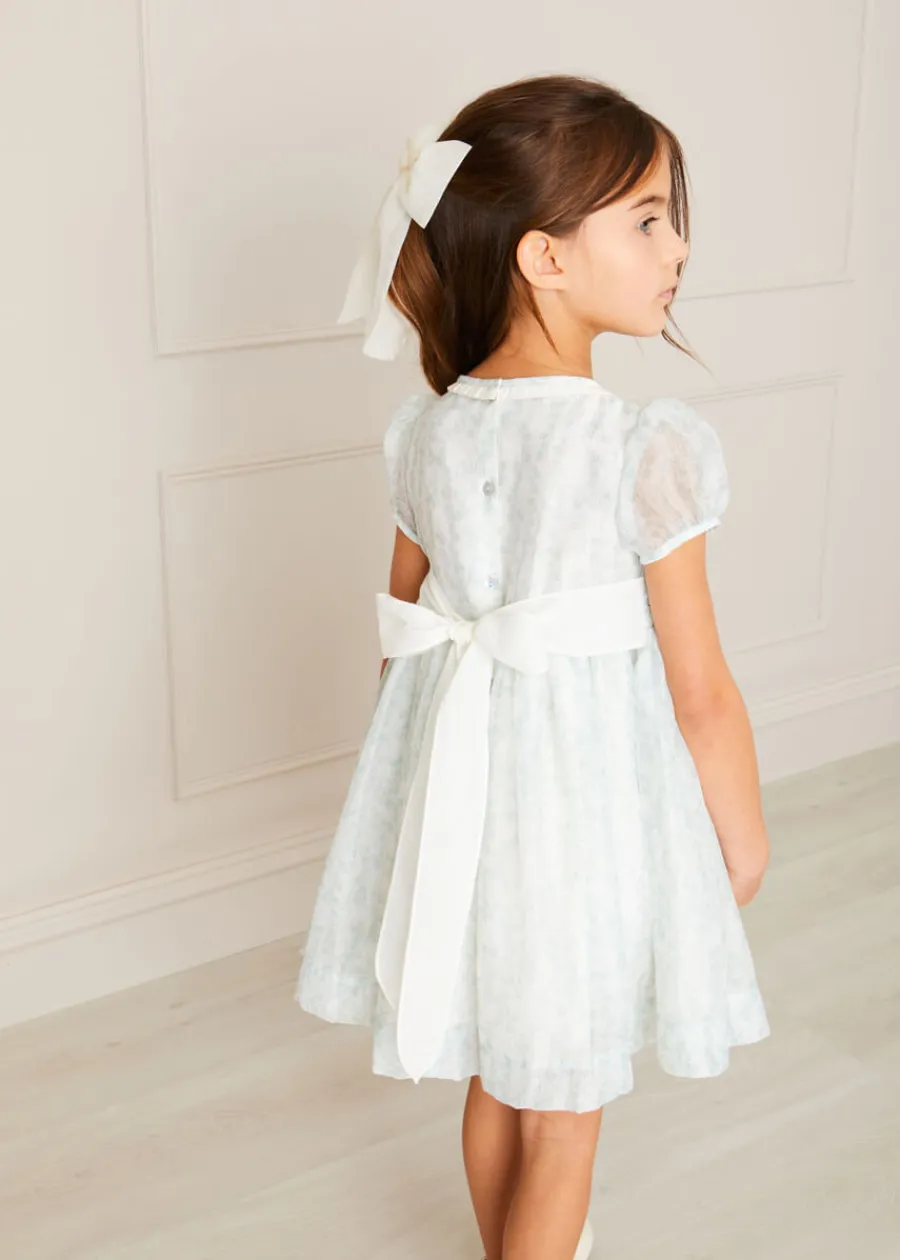 Pepa London Constance Floral Print Hand Smocked Short Sleeve Party Dress in Light Green (12m-10yrs)