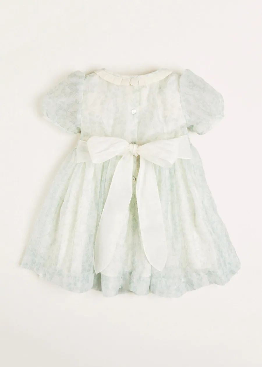 Pepa London Constance Floral Print Hand Smocked Short Sleeve Party Dress in Light Green (12m-10yrs)