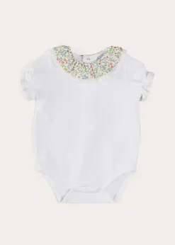 Pepa London Cordelia Embroidered Double Collar Bodysuit in Pink Made with Liberty Fabric (1m-3yrs)