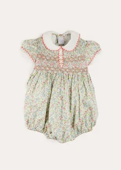 Pepa London Cordelia Floral Hand-Smocked Short Sleeve Romper in Pink Made with Liberty Fabric (3m-2yrs)