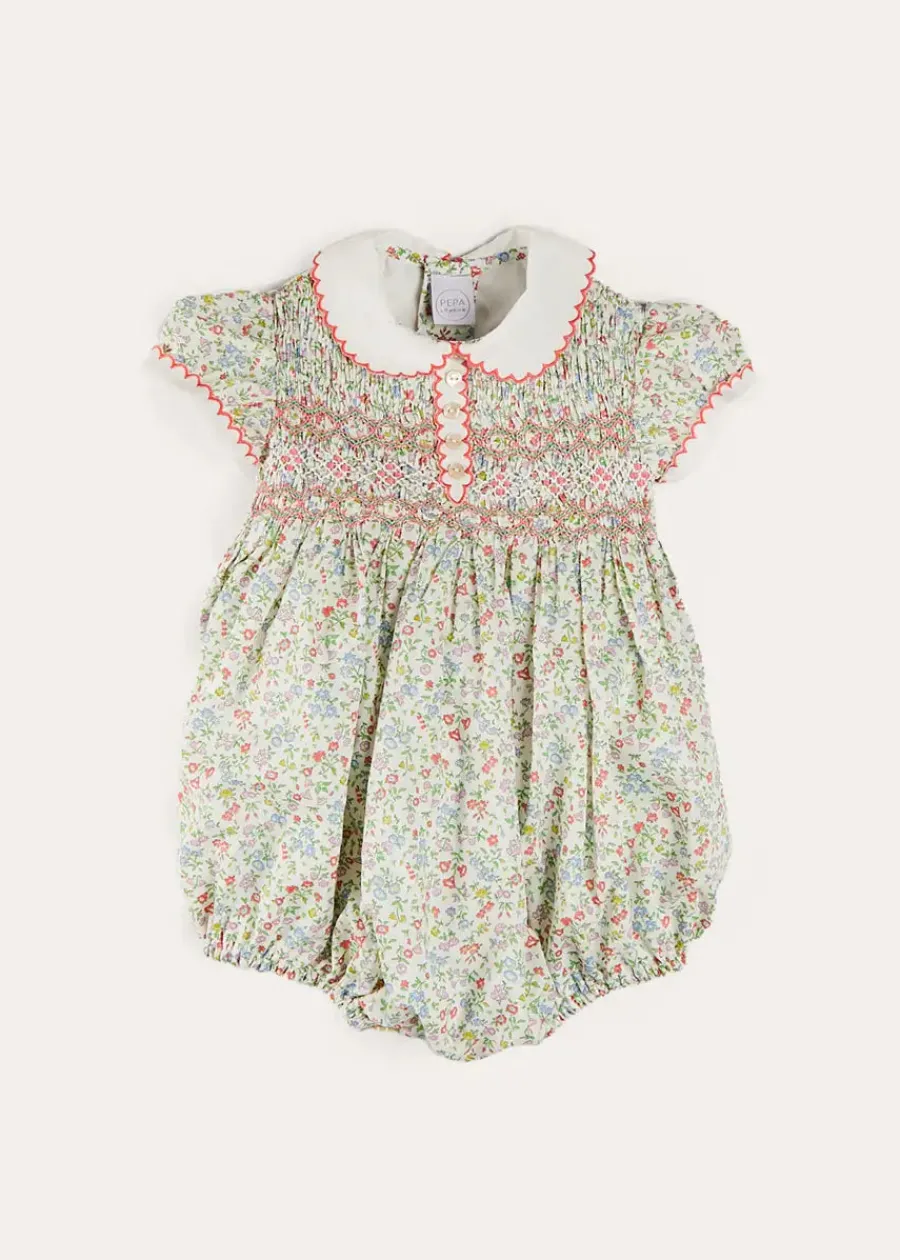Pepa London Cordelia Floral Hand-Smocked Short Sleeve Romper in Pink Made with Liberty Fabric (3m-2yrs)