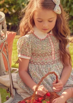 Pepa London Cordelia Floral Hand-Smocked Short Sleeve Dress in Pink Made with Liberty Fabric (12m-6yrs)