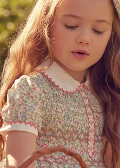 Pepa London Cordelia Floral Hand-Smocked Short Sleeve Dress in Pink Made with Liberty Fabric (12m-6yrs)