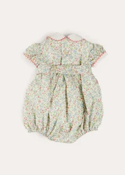 Pepa London Cordelia Floral Hand-Smocked Short Sleeve Romper in Pink Made with Liberty Fabric (3m-2yrs)