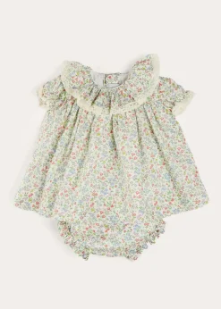 Pepa London Cordelia Floral Ruffle Collar Short Sleeve Dress in Green Made with Liberty Fabric (1-12m)