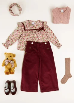 Pepa London Corduroy Wide Leg Gold Button Trousers in Burgundy (4-10yrs)