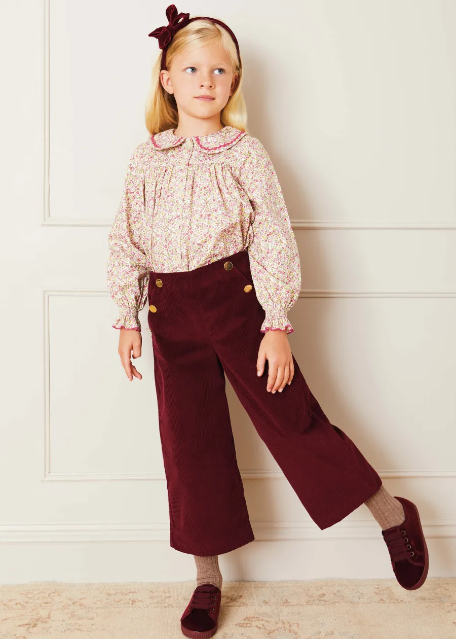 Pepa London Corduroy Wide Leg Gold Button Trousers in Burgundy (4-10yrs)