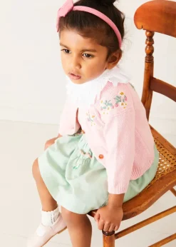 Pepa London Duck Embroidered Scallop Detail Skirt With Braces in Green (18mths-6yrs) | Hand Smocked Collar Short Sleeve Blouse in White (18mths-6yrs) | Strawberry Embroidery Cardigan in Pink (12mths-6yrs) | Mary Jane Baby Shoes in Pink (20-26EU) | Raspberry Linen Hairband