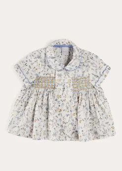 BOY Pepa London Ellis Liberty Print Hand Smocked Short Sleeve Shirt in Blue (6mths-4yrs)