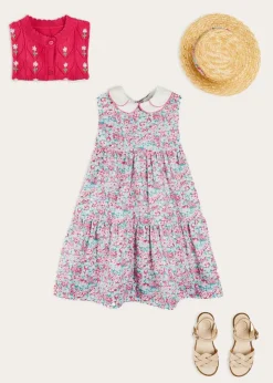 Pepa London Eloise Floral Scallop Collar Sleeveless Dress in Pink (4-12yrs) | Viola Floral Bow Detail Boater Hat in Pink (S-M) | Leather Woven Detail Sandals in Beige (24-35EU) | Viola Floral Bow Detail Boater Hat in Pink (S-M)