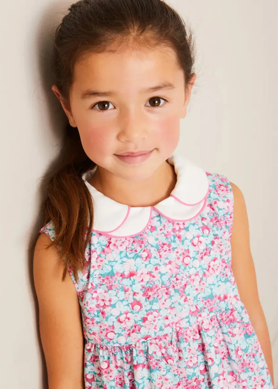 Pepa London Eloise Floral Scallop Collar Sleeveless Dress in Pink (4-12yrs) | Viola Floral Bow Detail Boater Hat in Pink (S-M) | Leather Woven Detail Sandals in Beige (24-35EU) | Viola Floral Bow Detail Boater Hat in Pink (S-M)