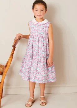 Pepa London Eloise Floral Scallop Collar Sleeveless Dress in Pink (4-12yrs) | Viola Floral Bow Detail Boater Hat in Pink (S-M) | Leather Woven Detail Sandals in Beige (24-35EU) | Viola Floral Bow Detail Boater Hat in Pink (S-M)