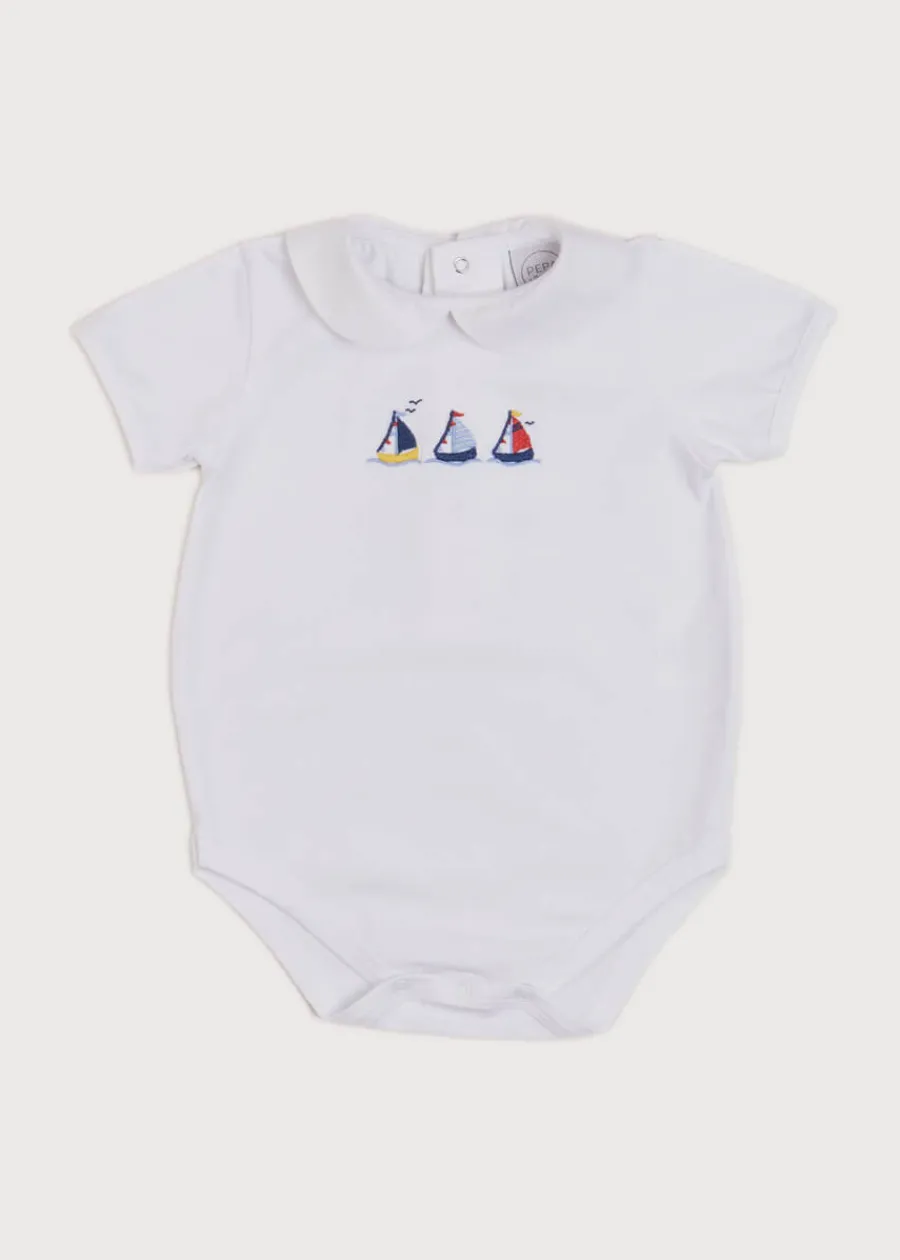 BOY Pepa London Embroidered Boat Motif Peter Pan Collar Bodysuit in White (1mth-3yrs)