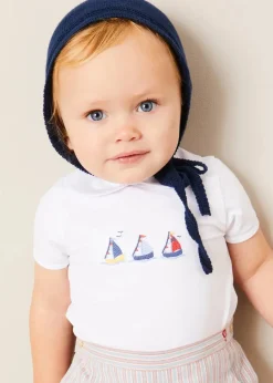 BOY Pepa London Embroidered Boat Motif Peter Pan Collar Bodysuit in White (1mth-3yrs)