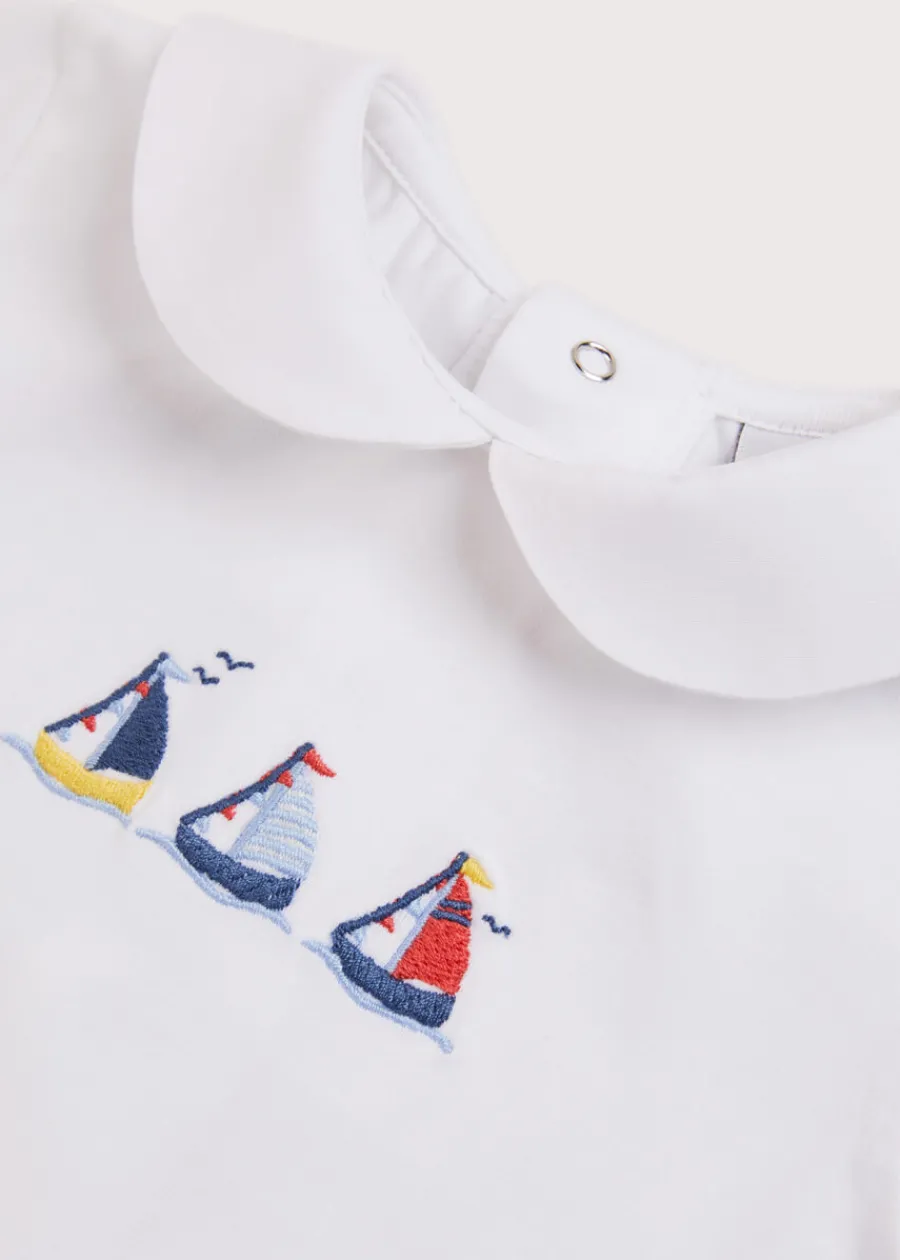 BOY Pepa London Embroidered Boat Motif Peter Pan Collar Bodysuit in White (1mth-3yrs)