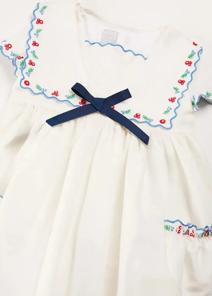 Pepa London Embroidered Mariner Collar Short Sleeve Dress in White (12mths-10yrs)