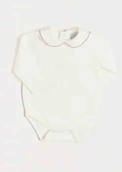 BOY Pepa London Embroidered Peter Pan Collar Long Sleeve Bodysuit in Burgundy (1mth-3yrs)