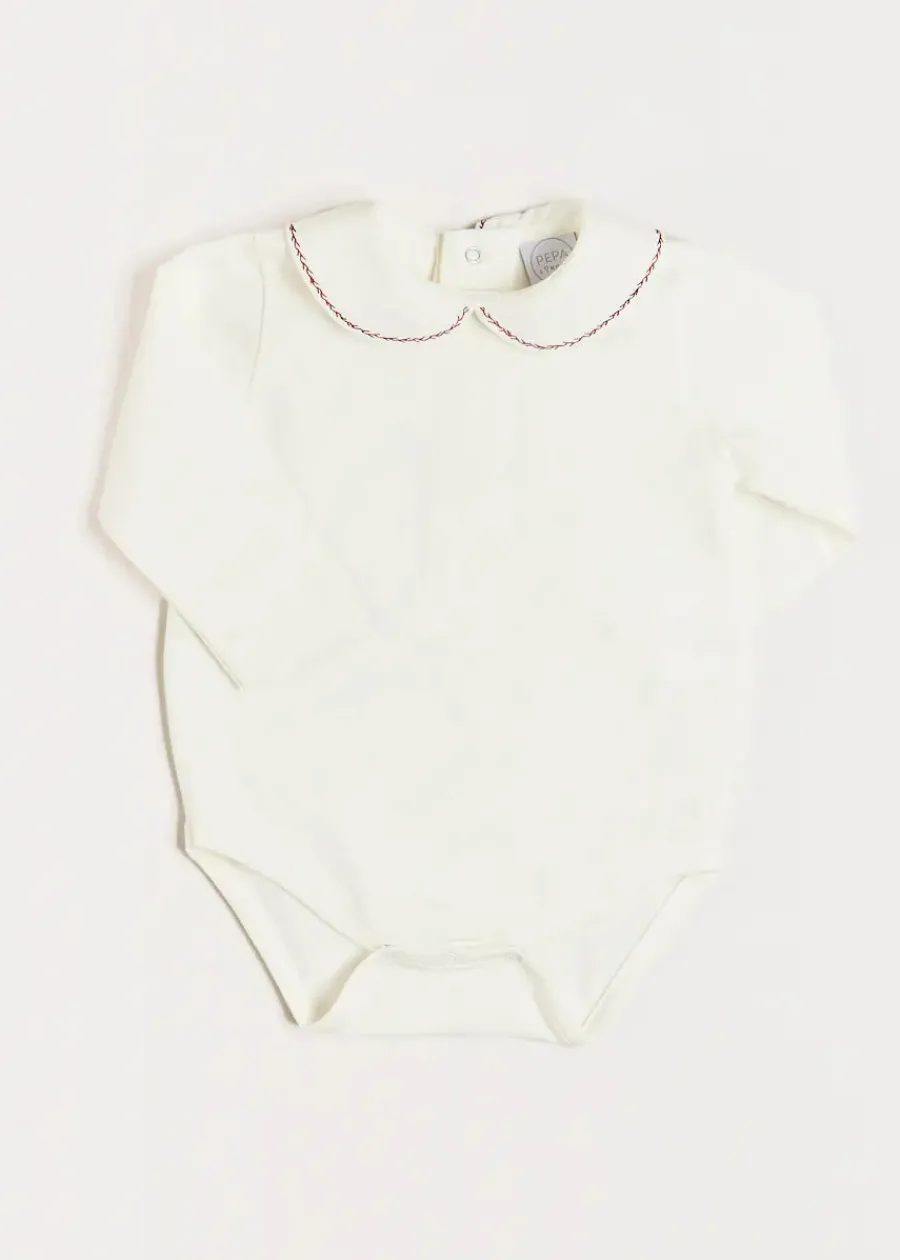 BOY Pepa London Embroidered Peter Pan Collar Long Sleeve Bodysuit in Burgundy (1mth-3yrs)