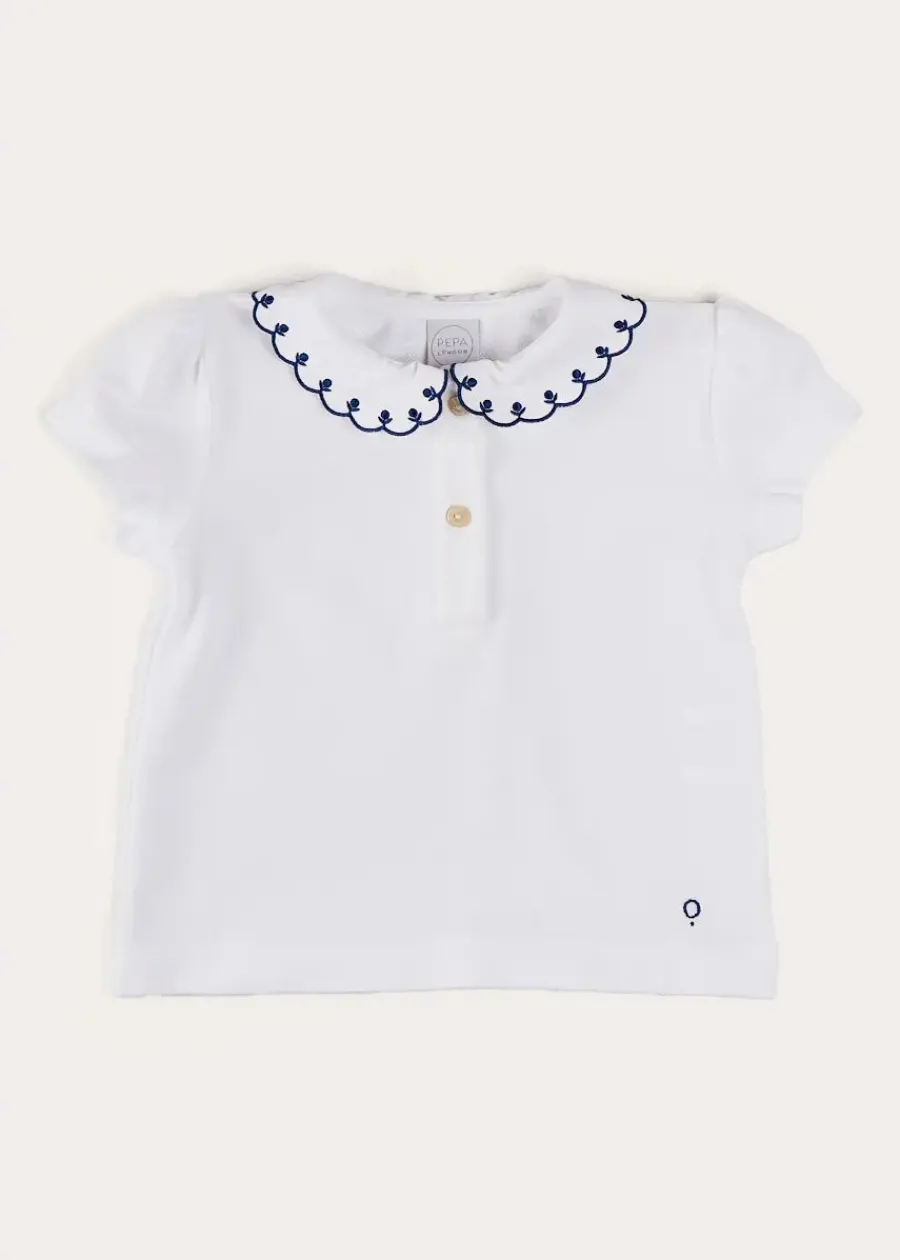 Pepa London Embroidered Scallop Collar Short Sleeve Polo Shirt in Navy (2-10yrs)
