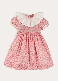 Pepa London Emilia Floral Hand Smocked Ruffle Collar Short Sleeve Dress in Pink (12mths-10yrs)