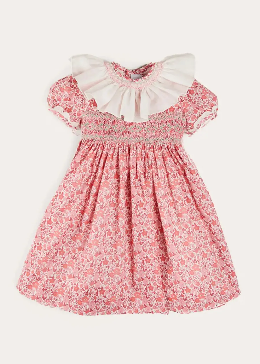 Pepa London Emilia Floral Hand Smocked Ruffle Collar Short Sleeve Dress in Pink (12mths-10yrs)