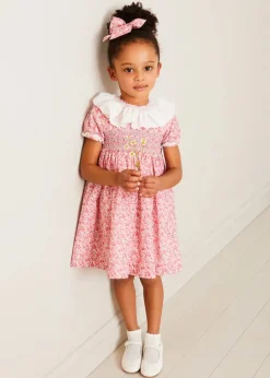 Pepa London Emilia Floral Hand Smocked Ruffle Collar Short Sleeve Dress in Pink (12mths-10yrs)