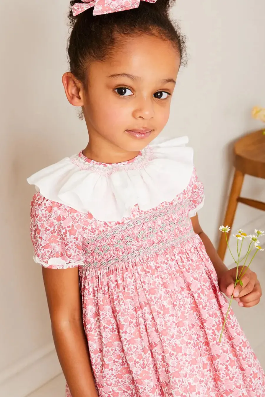 Pepa London Emilia Floral Hand Smocked Ruffle Collar Short Sleeve Dress in Pink (12mths-10yrs)